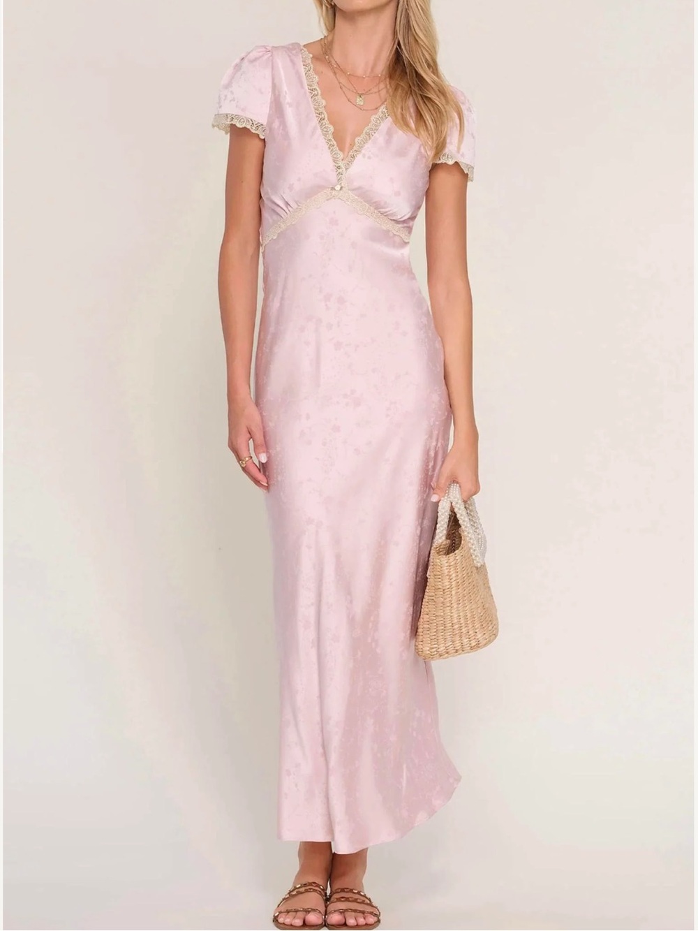 Heartloom Light Pink Satin Midi Dress with Lace Trim